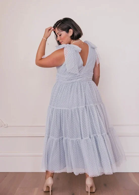 Elegant Deep V Neck Tie Shoulder Detail Open Back Tiered Ruffle Hem Polka Dot Print Midi Evening Dress For Formal Evening Prom Wedding Guest Bridesmaid Beach Wedding Cocktail Party Gala - Image 4