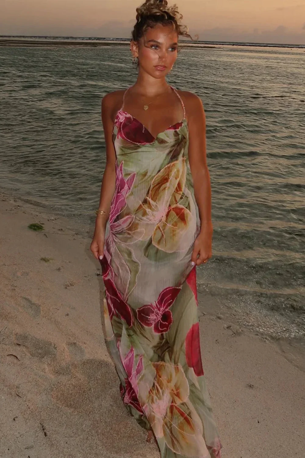 Elegant Green Floral Print Halter Cowl Neck Open Back Maxi Prom Dress With Beaded Trim For Beach Party Wedding Guest
