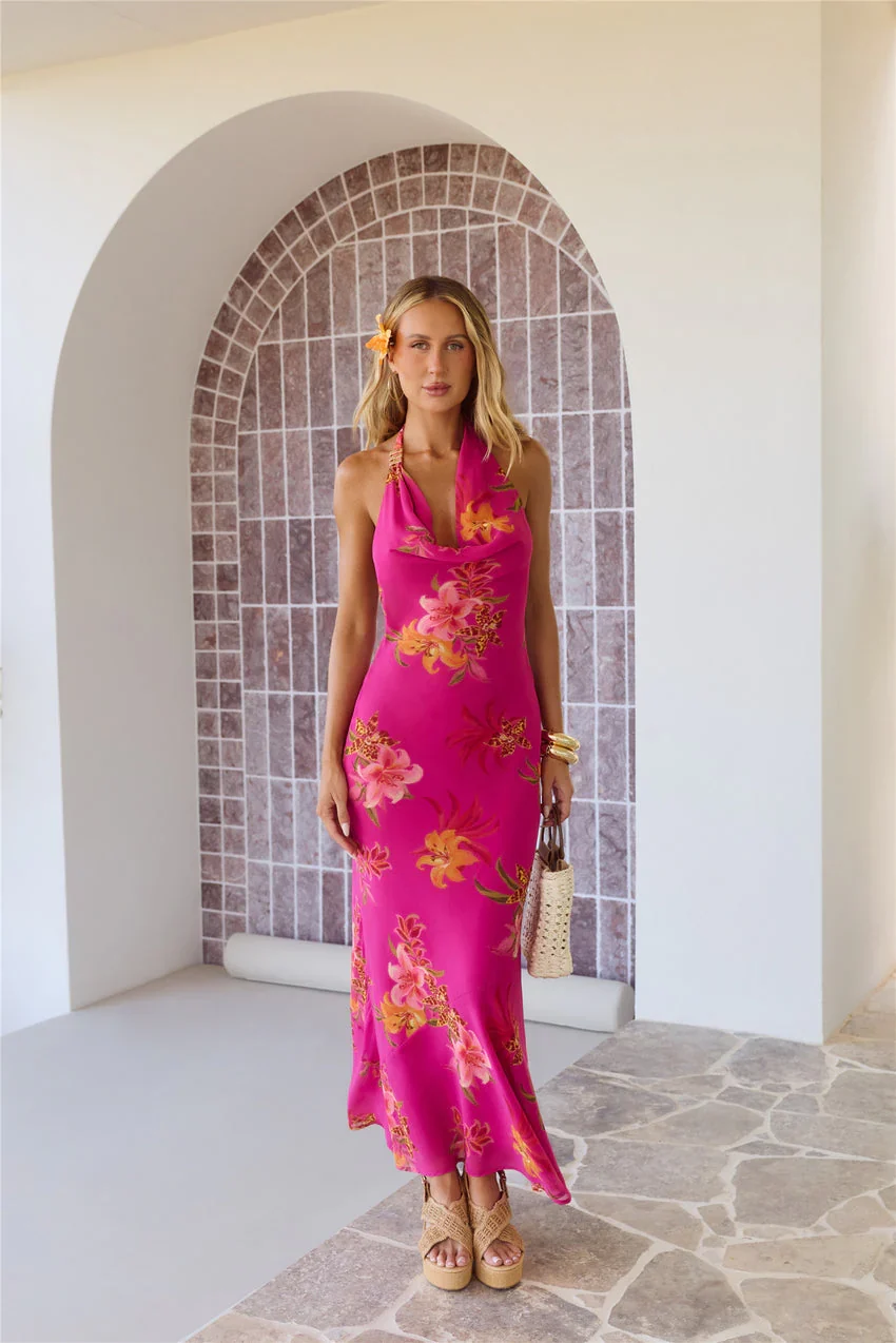 Elegant Halter Neck Cowl Neck Open Back Tie Closure Tropical Floral Print Maxi Evening Dress For Formal Evening Prom Wedding Guest Bridesmaid Beach Wedding Cocktail Party Gala