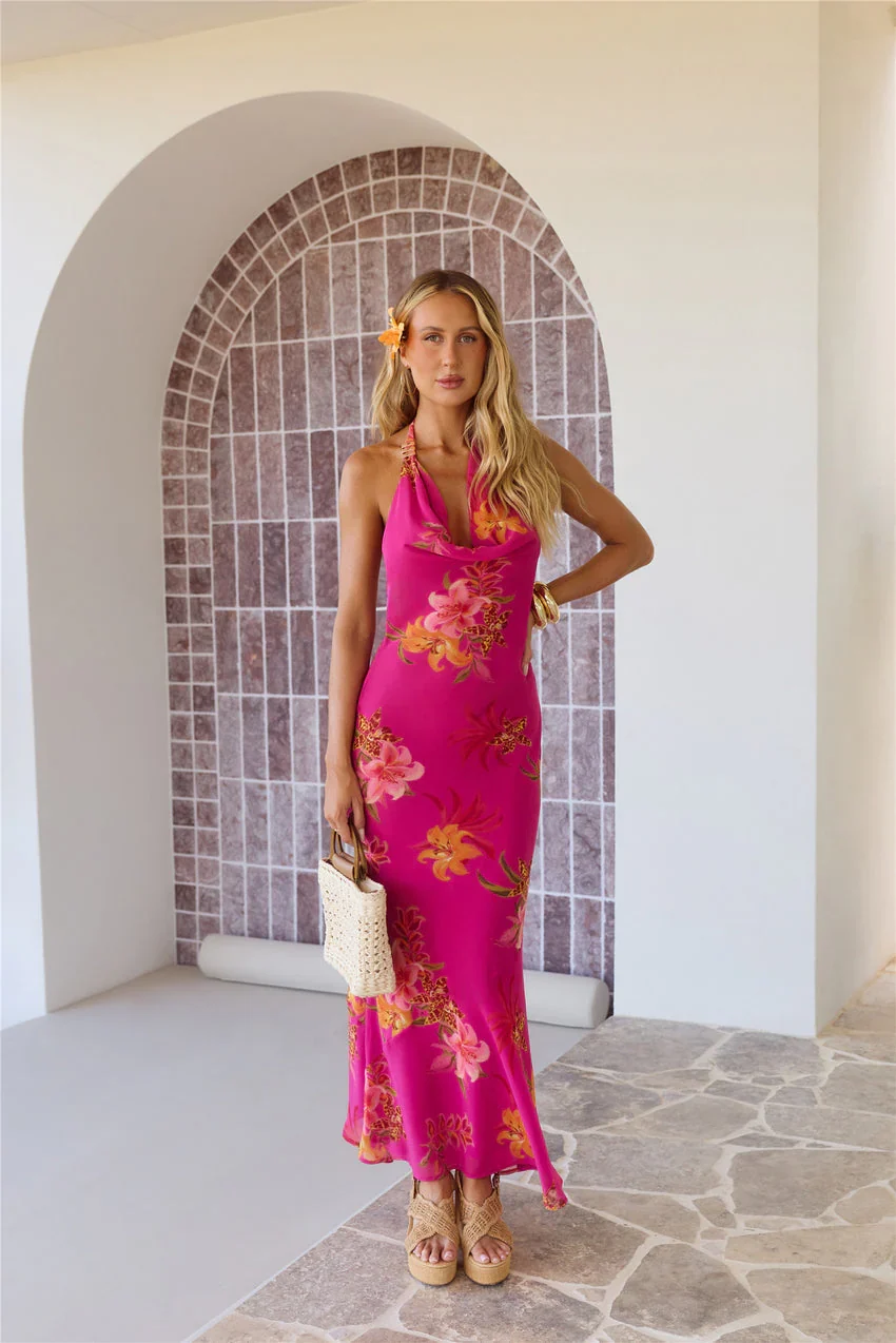 Elegant Halter Neck Cowl Neck Open Back Tie Closure Tropical Floral Print Maxi Evening Dress For Formal Evening Prom Wedding Guest Bridesmaid Beach Wedding Cocktail Party Gala - Image 3