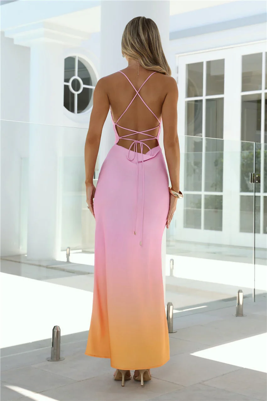 Open Back Lace Up Detail Ombre Gradient Mermaid Maxi Evening Dress For Formal Evening Prom Wedding Guest Bridesmaid Beach Wedding Cocktail Party Gala - Image 4