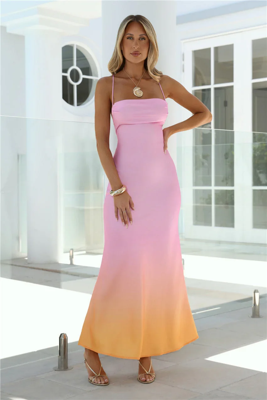 Open Back Lace Up Detail Ombre Gradient Mermaid Maxi Evening Dress For Formal Evening Prom Wedding Guest Bridesmaid Beach Wedding Cocktail Party Gala - Image 2