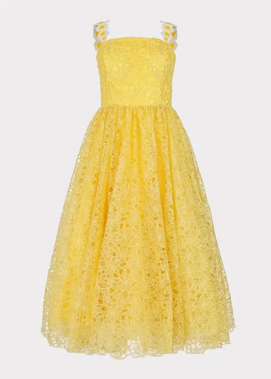 Spaghetti Strap Daisy Detail Square Neck Floral Lace Overlay A Line Midi Evening Dress - Image 8