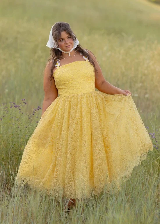 Spaghetti Strap Daisy Detail Square Neck Floral Lace Overlay A Line Midi Evening Dress - Image 6