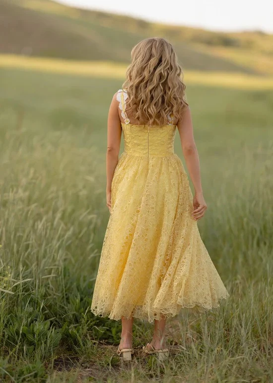 Spaghetti Strap Daisy Detail Square Neck Floral Lace Overlay A Line Midi Evening Dress - Image 4