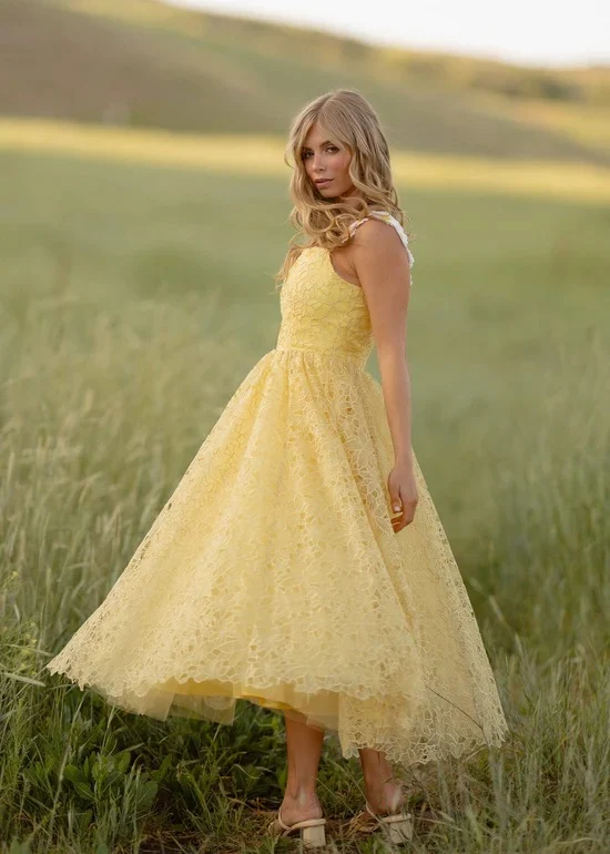 Spaghetti Strap Daisy Detail Square Neck Floral Lace Overlay A Line Midi Evening Dress - Image 3