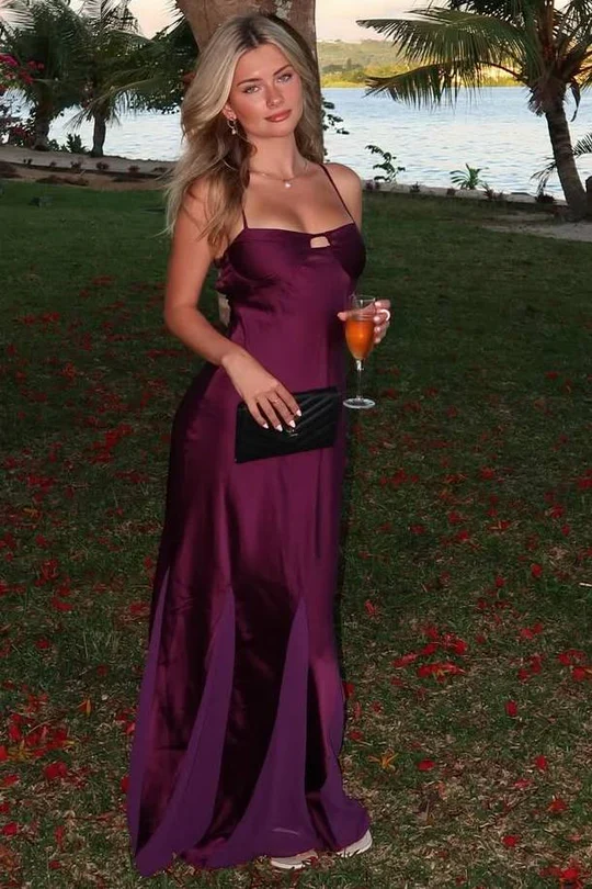 Elegant Spaghetti Strap Square Neck Keyhole Detail Satin Maxi Evening Dress