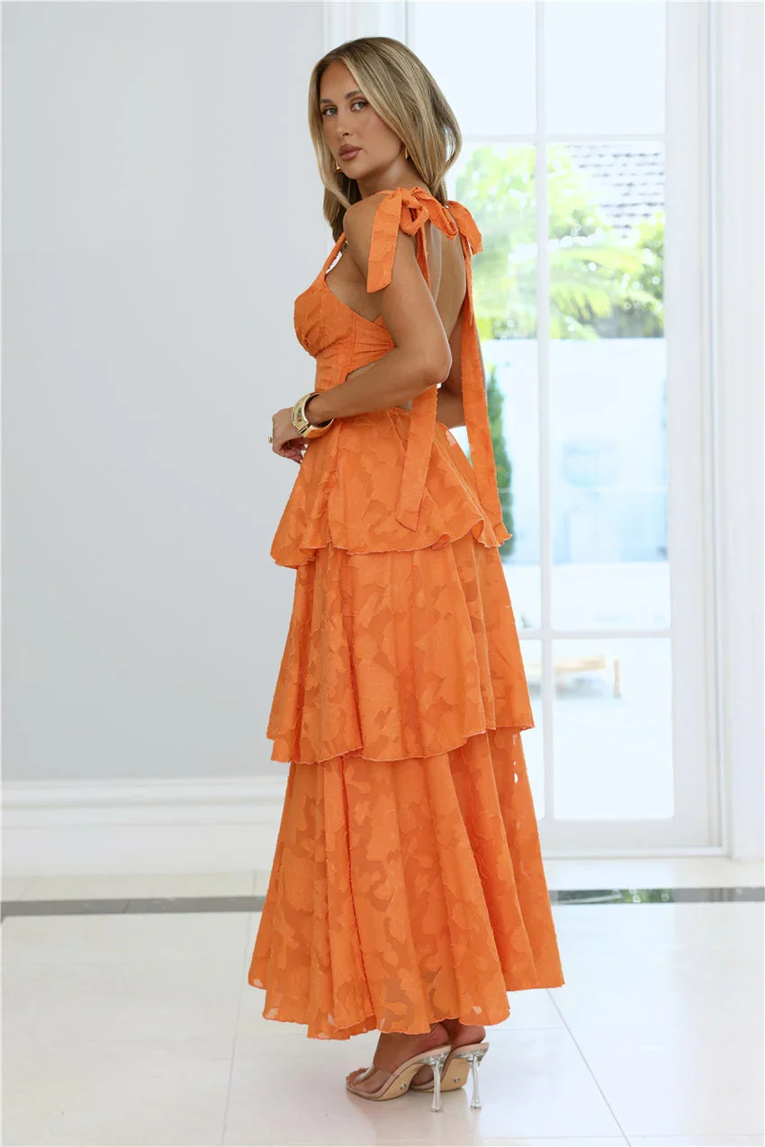 Elegant Square Neck Tie Shoulder Detail Open Back Tiered Floral Jacquard Maxi Evening Dress For Formal Evening Prom Wedding Guest Bridesmaid Beach Wedding Cocktail Party Gala - Image 3