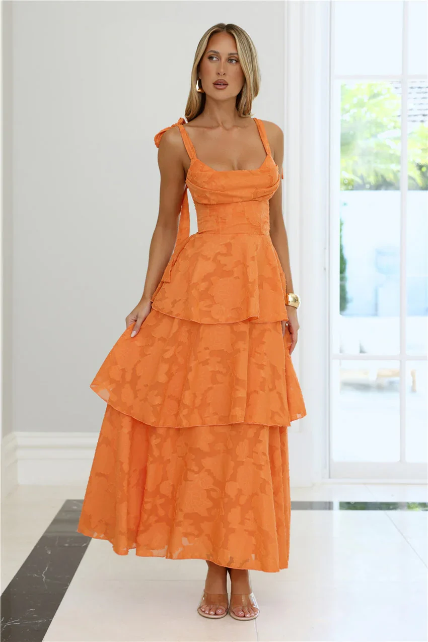 Elegant Square Neck Tie Shoulder Detail Open Back Tiered Floral Jacquard Maxi Evening Dress For Formal Evening Prom Wedding Guest Bridesmaid Beach Wedding Cocktail Party Gala