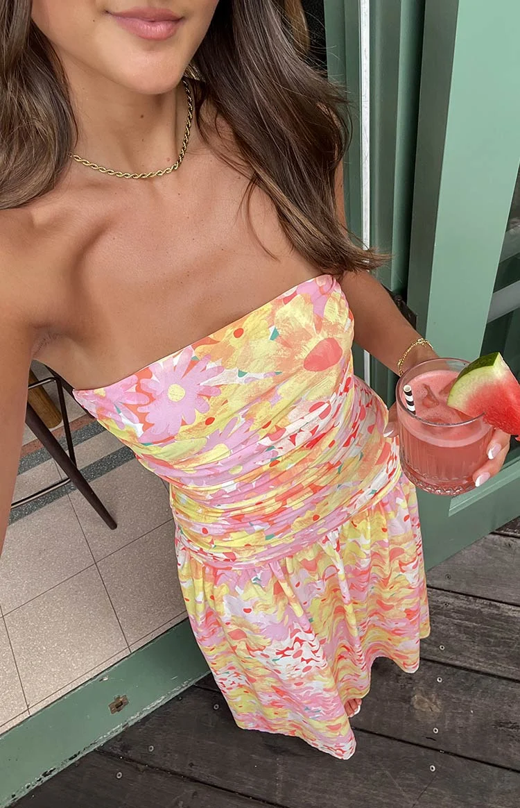 Elegant Strapless Ruched Waist Vibrant Floral Print Maxi Prom Dress For Formal Evening Wedding Guest Bridesmaid Cocktail Party Beach Vacation - Image 4