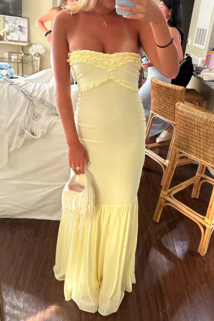 Elegant Strapless Ruffle Bust Detail Ruched Bodice Mermaid Hem Maxi Evening Dress