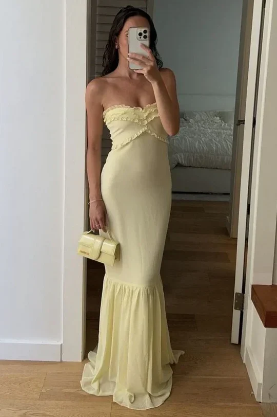 Elegant Strapless Ruffle Bust Detail Ruched Bodice Mermaid Hem Maxi Evening Dress - Image 3