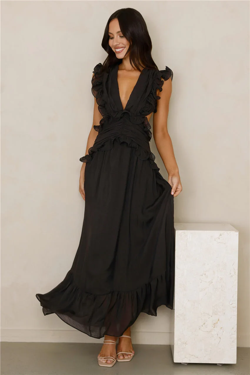Ruched Bust Bow Detail Tiered Ruffle Hem Maxi Evening Dress For Formal Evening Prom Wedding Guest Bridesmaid Beach Wedding Cocktail Party Gala