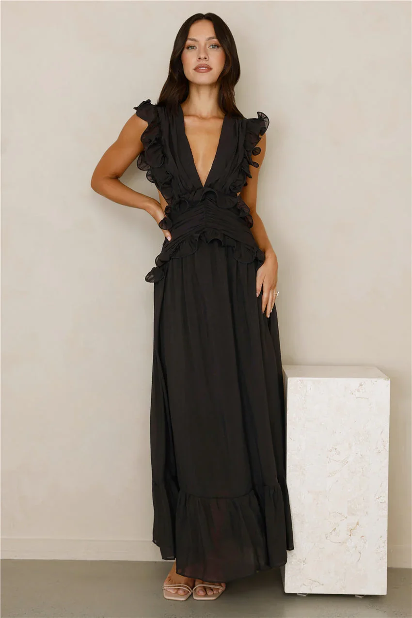 Ruched Bust Bow Detail Tiered Ruffle Hem Maxi Evening Dress For Formal Evening Prom Wedding Guest Bridesmaid Beach Wedding Cocktail Party Gala - Image 4