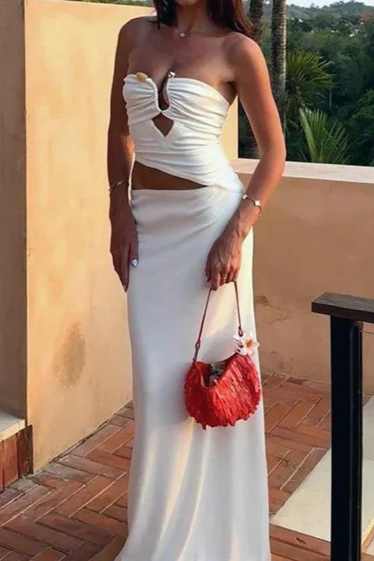 Elegant White Strapless Cutout Maxi Prom Dress With Keyhole Detail For Beach Party Cocktail Wedding Guest