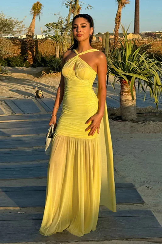 Elegant Yellow Halter Keyhole Ruched Maxi Prom Dress With Flowy Sheer Skirt And High Slit For Beach Party Cocktail Wedding Guest - Image 4