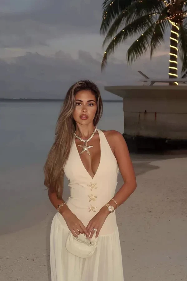 Elegant Yellow Halter V Neck A Line Maxi Prom Dress With Starfish Details For Beach Party Wedding Guest - Image 4