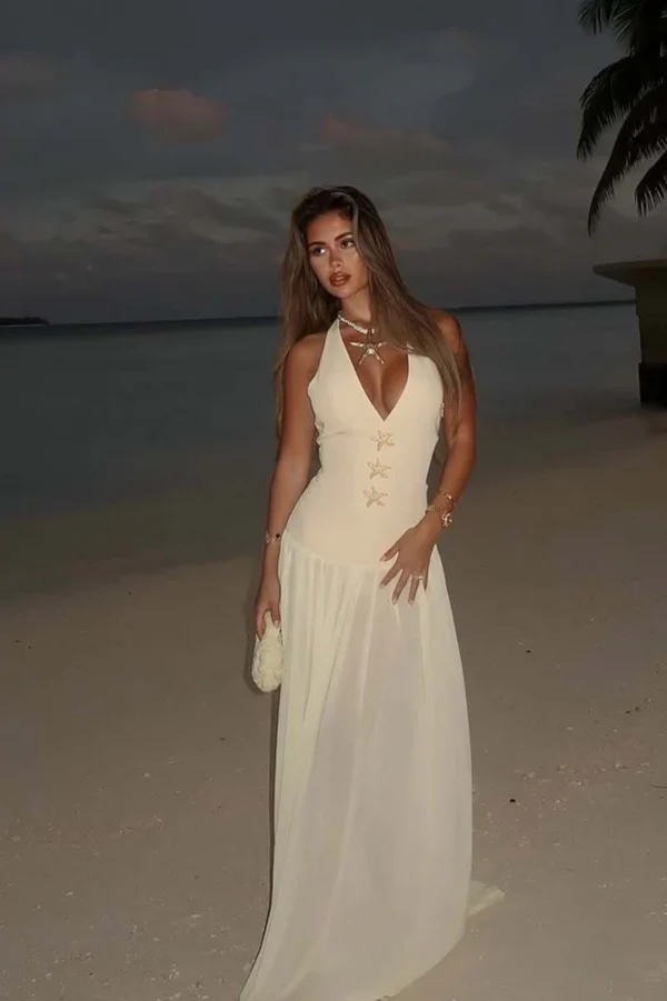 Elegant Yellow Halter V Neck A Line Maxi Prom Dress With Starfish Details For Beach Party Wedding Guest - Image 3