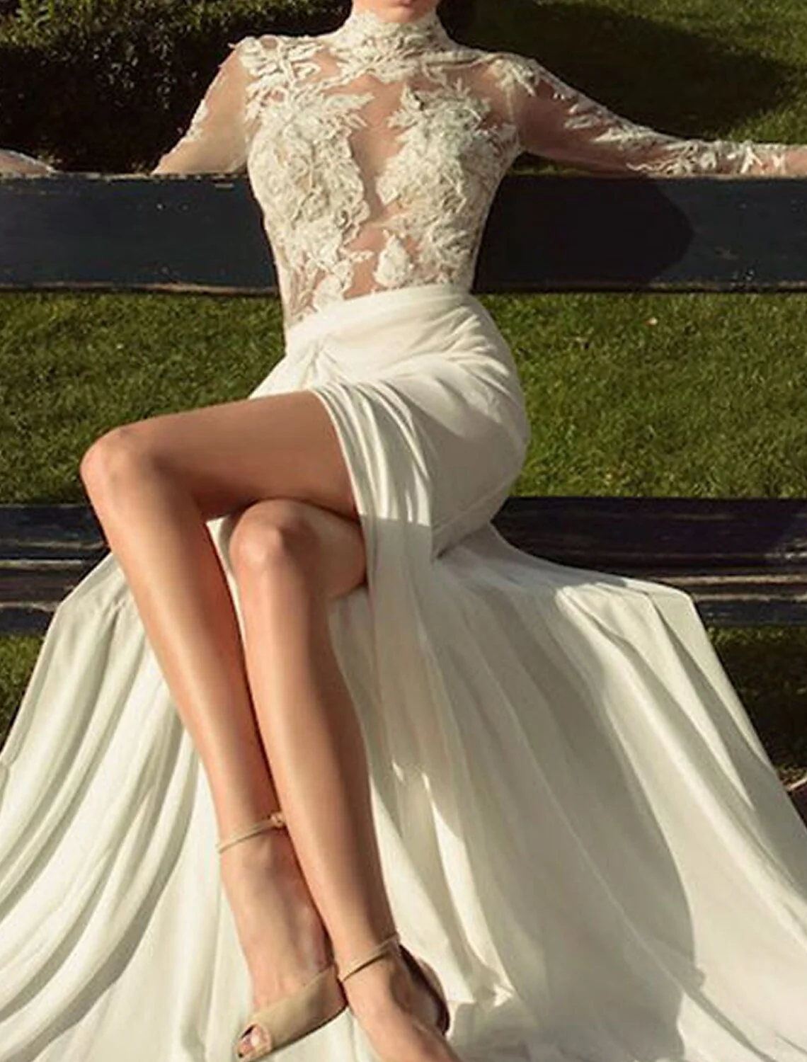 Flowy A-Line High Neck Long Sleeve Chiffon Beach Wedding Gown Court Train - Image 3