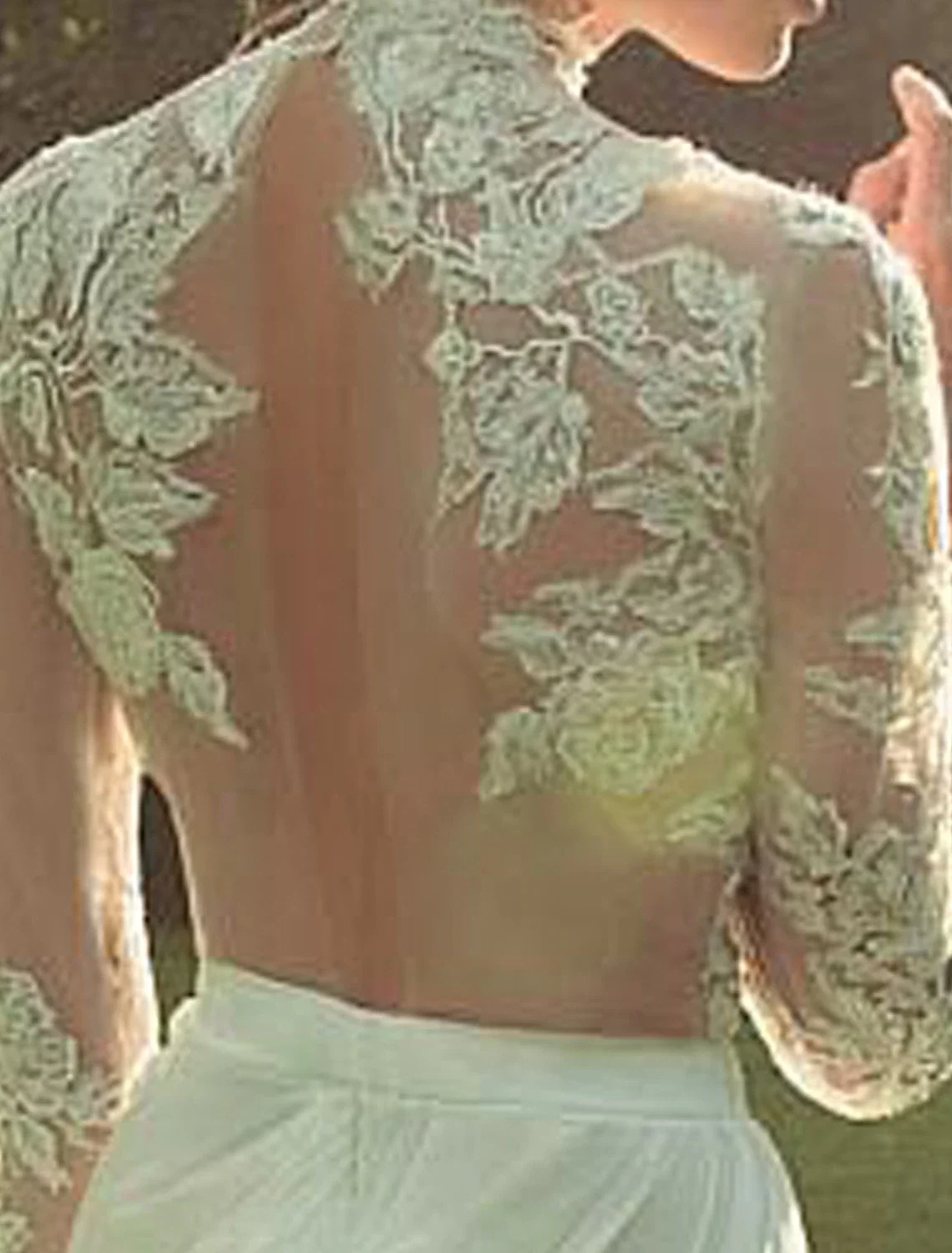 Flowy A-Line High Neck Long Sleeve Chiffon Beach Wedding Gown Court Train - Image 4