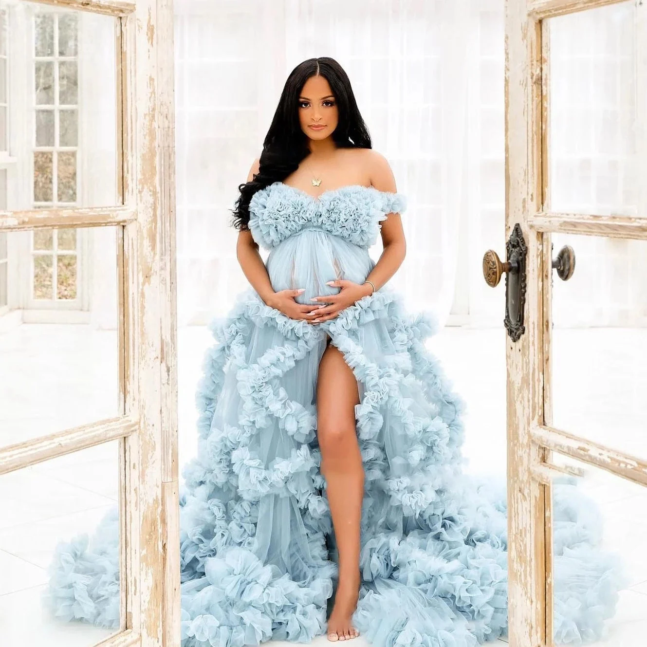 Fluffy Ruffled Tulle Maternity Dress With High Slit & Long Train - Image 3