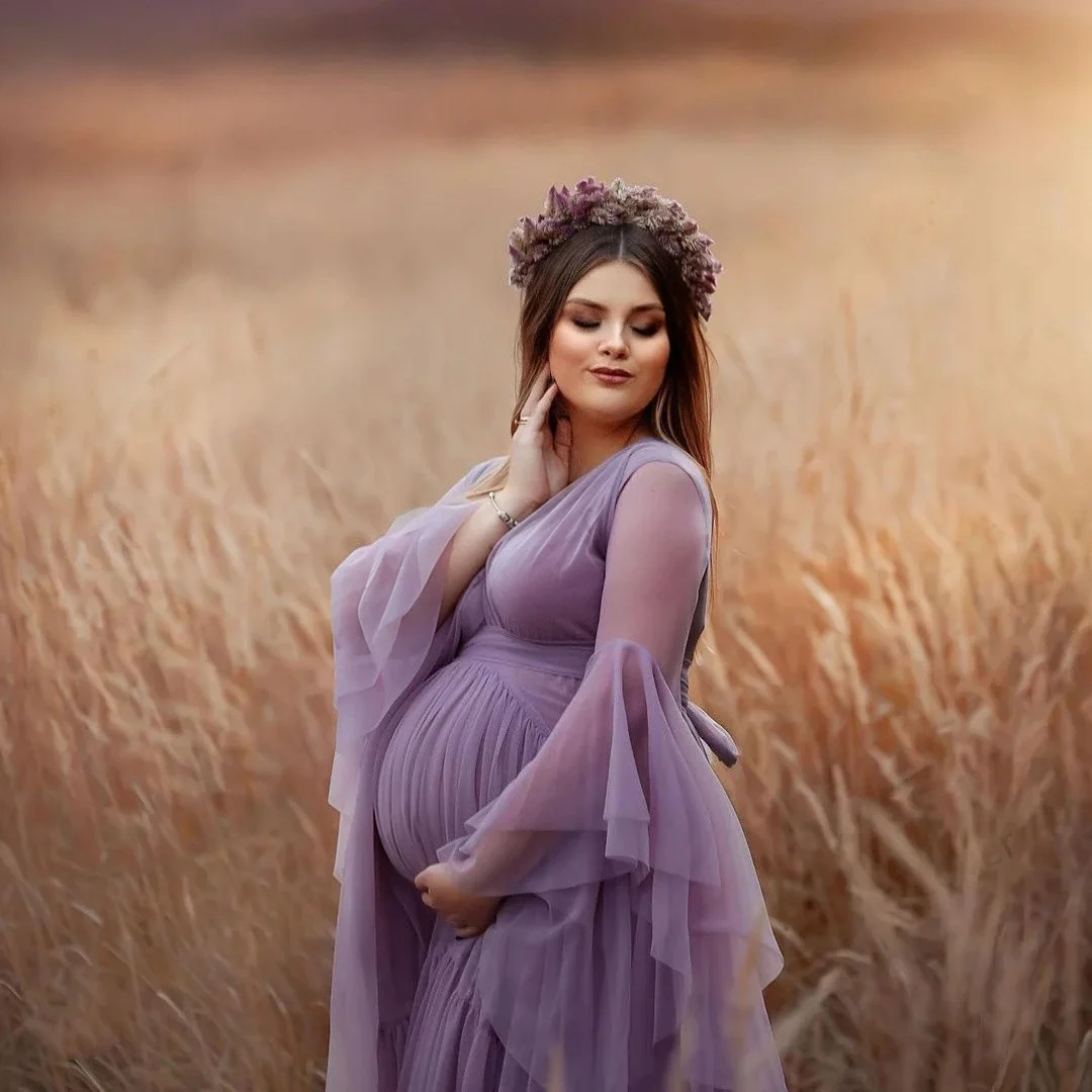 V‑Neck Flare Bell Sleeve Chiffon Maternity Gown - Image 3