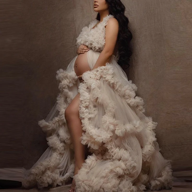 Fluffy Ruffled Tulle Maternity Dress With High Slit & Long Train - Image 6
