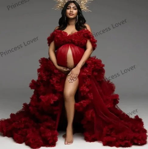 Fluffy Ruffled Tulle Maternity Dress With High Slit & Long Train - Image 5