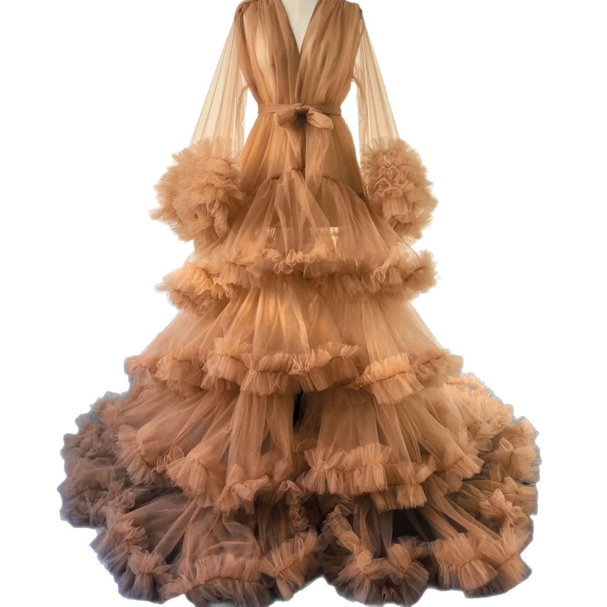 V‑Neck Long‑Sleeve Open Front Tulle Maternity Gown - Image 4