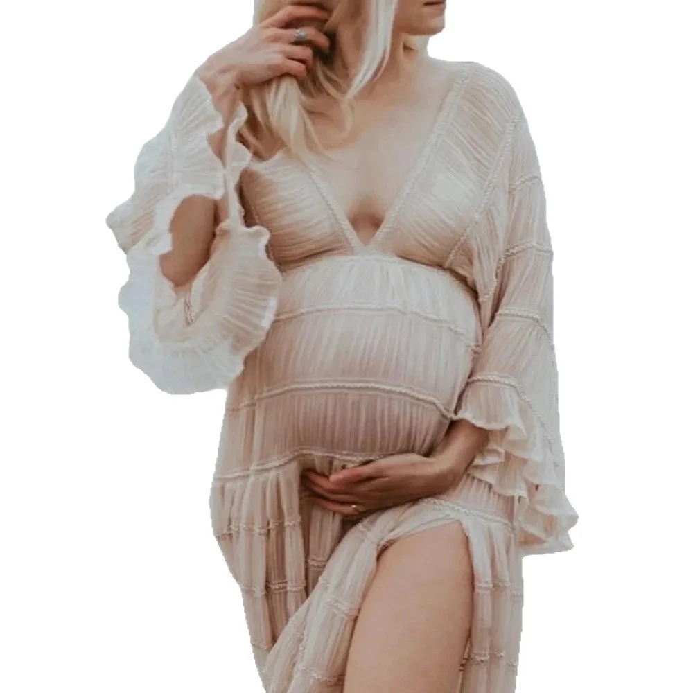 Boho V‑Neck Bell Sleeve Maternity Maxi Dress - Image 4