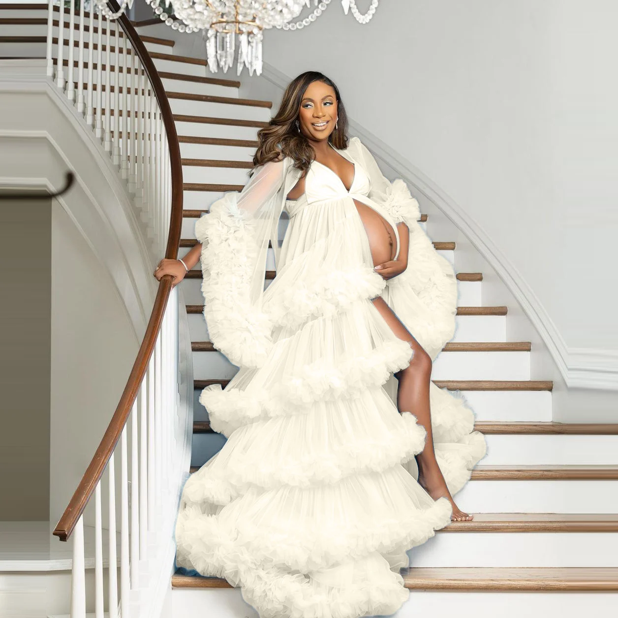 Luxury Ruffled Layered Tulle Maternity Long Dress - Image 4