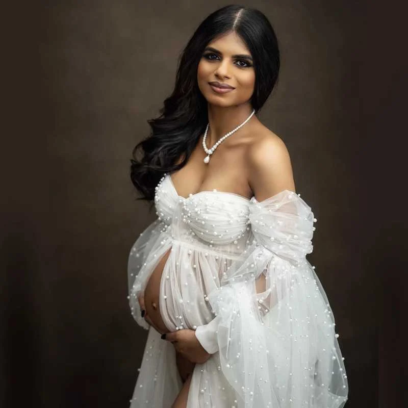 Pearl Tulle Off‑Shoulder Maternity Photoshoot Gown - Image 3