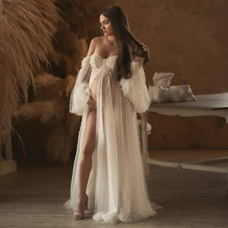 Pearl Tulle Off‑Shoulder Maternity Photoshoot Gown - Image 4