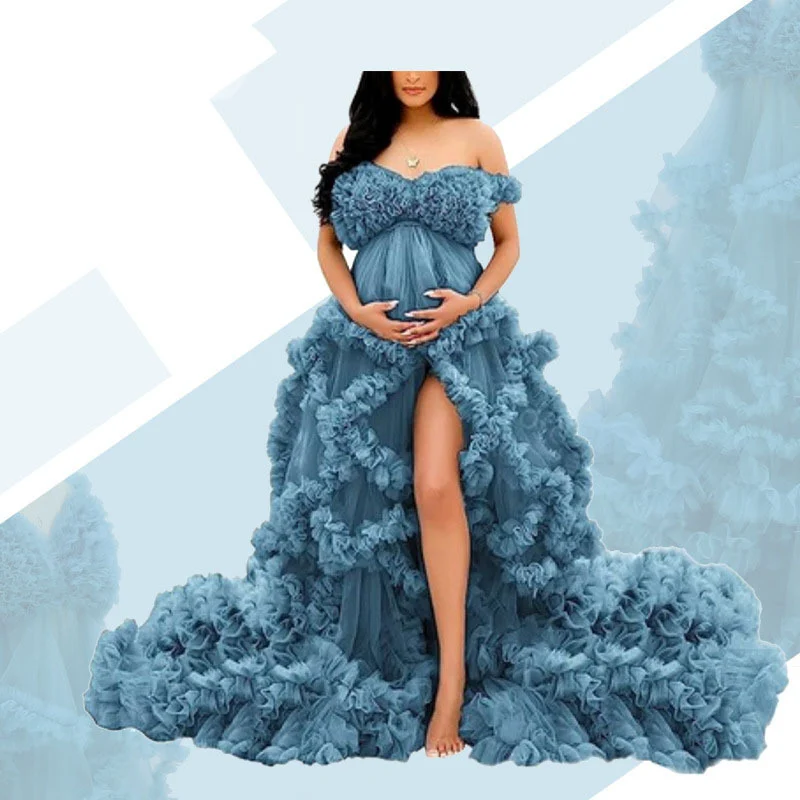 Fluffy Ruffled Tulle Maternity Dress With High Slit & Long Train - Image 4