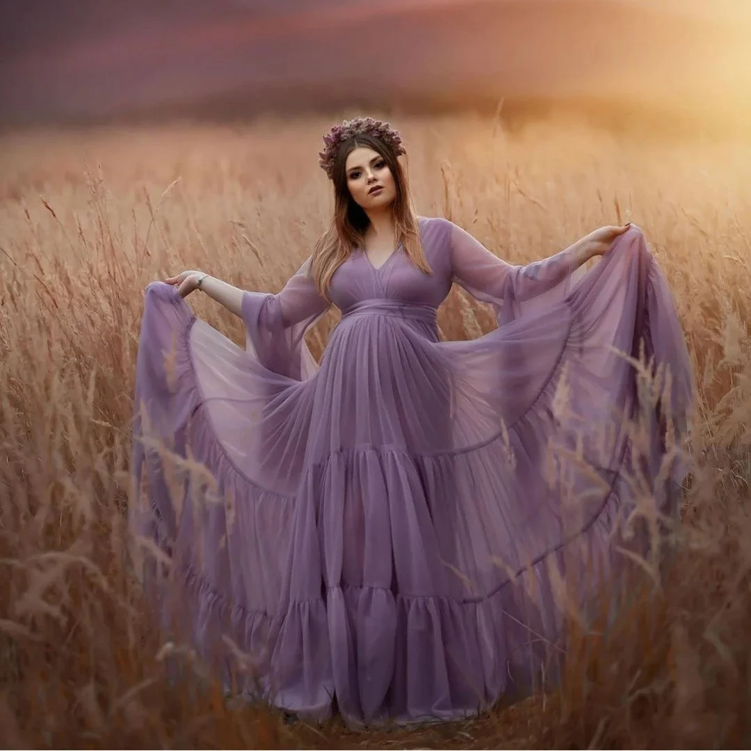 V‑Neck Flare Bell Sleeve Chiffon Maternity Gown - Image 4