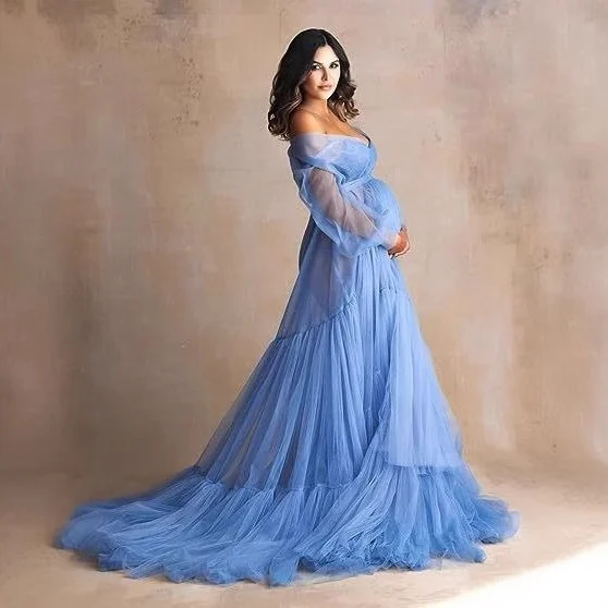Sheer Long‑Sleeve Tulle Maternity Photoshoot Gown - Image 3