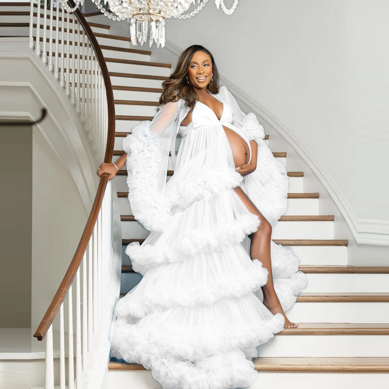 Luxury Ruffled Layered Tulle Maternity Long Dress - Image 3