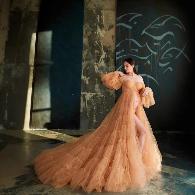Off‑Shoulder Puff Long Sleeve Tulle Maternity Gown - Image 4
