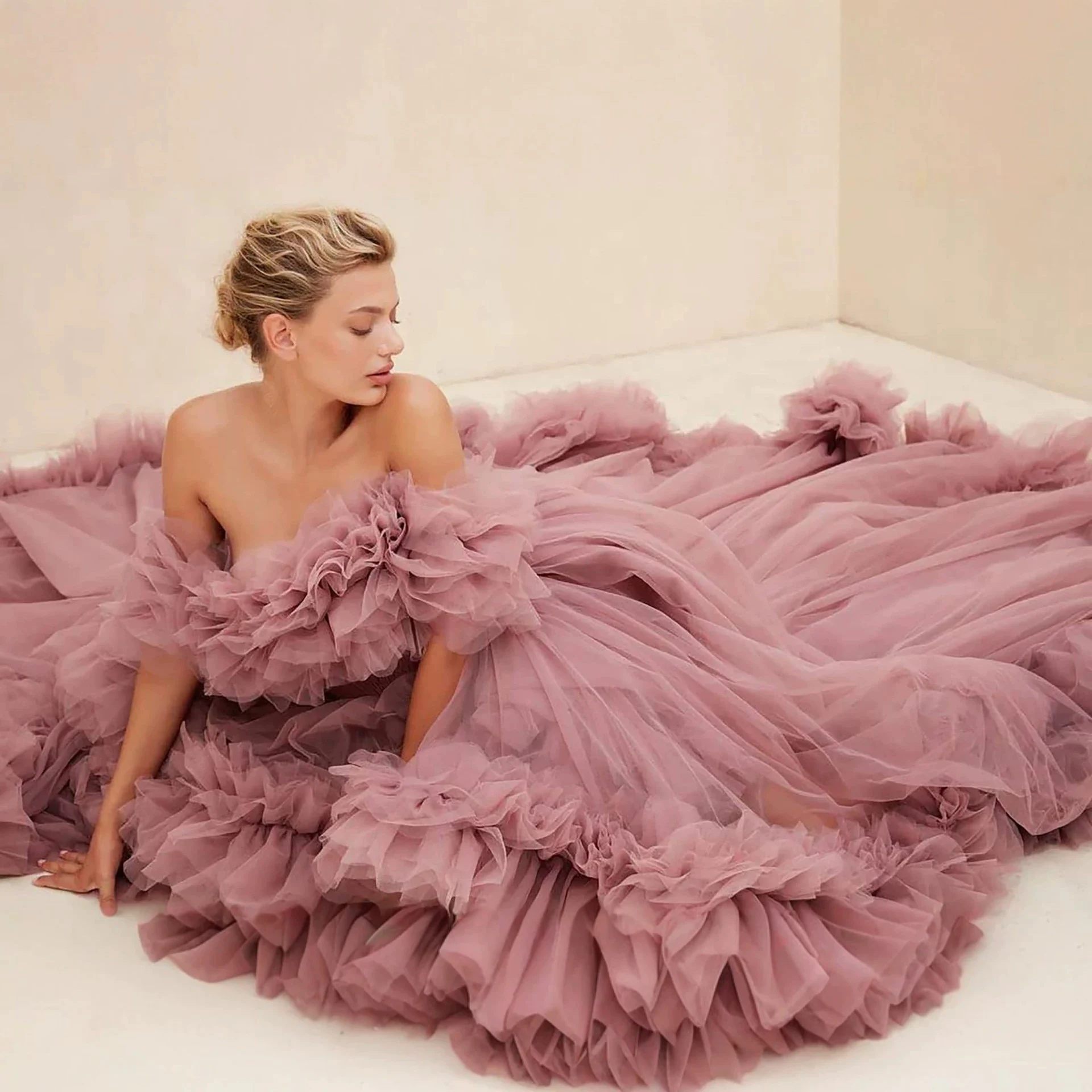 Romantic Off‑Shoulder Tulle Ruffled 3D Flower Evening Dress - Image 3