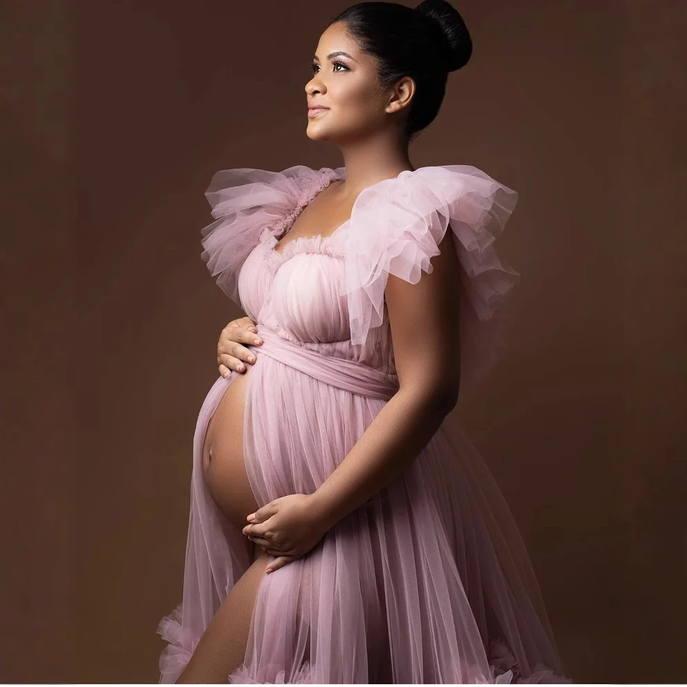 Flowy Sheer Tulle Maternity Gown For Photo Shoot - Image 3