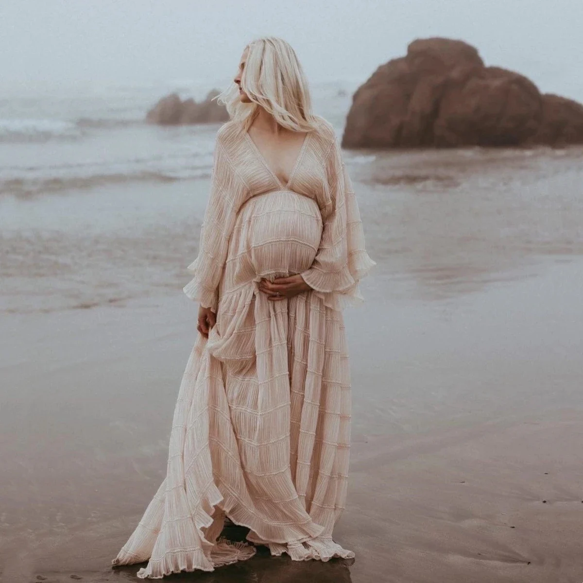 Boho V‑Neck Bell Sleeve Maternity Maxi Dress - Image 5