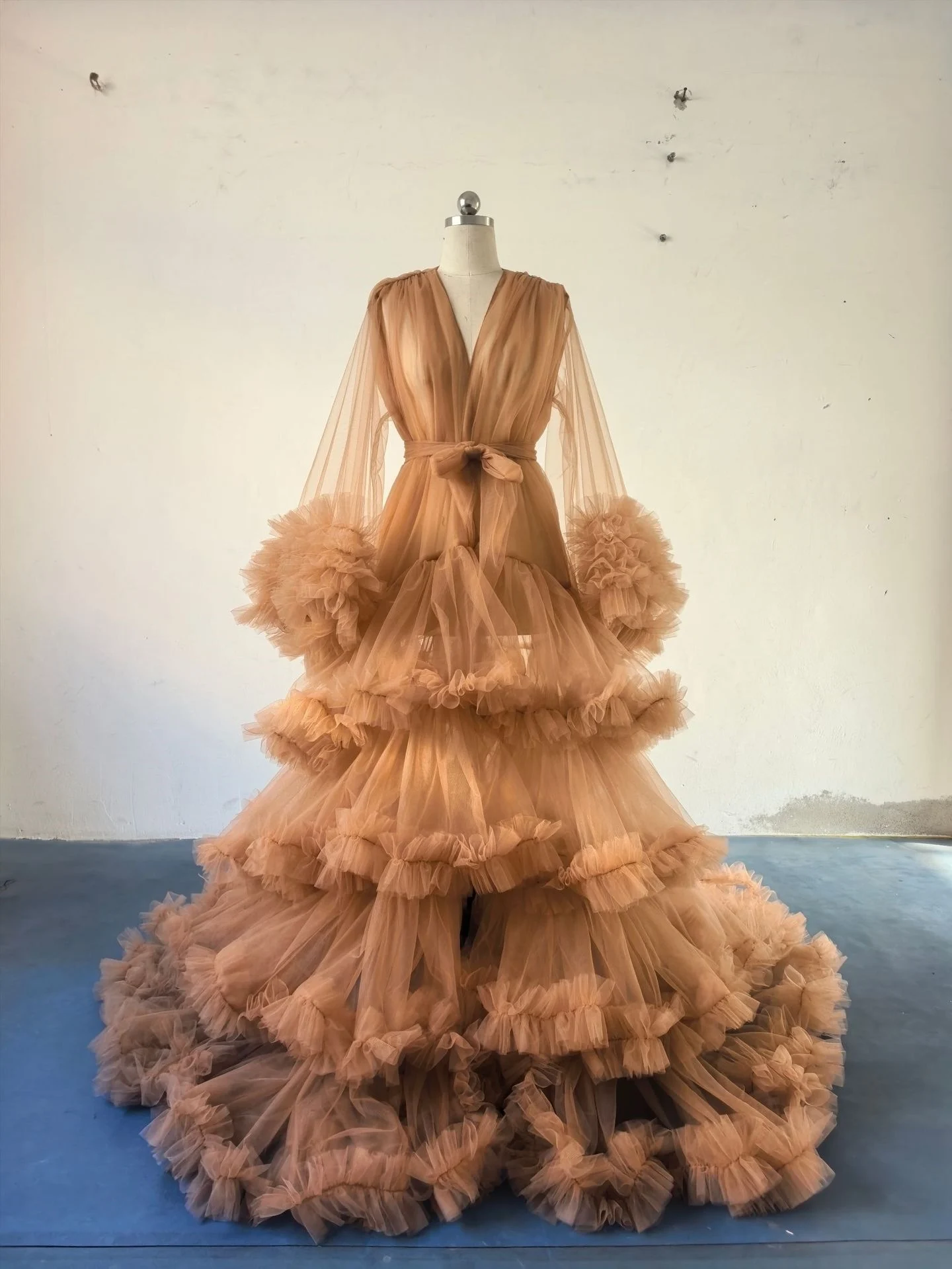 V‑Neck Long‑Sleeve Open Front Tulle Maternity Gown - Image 5