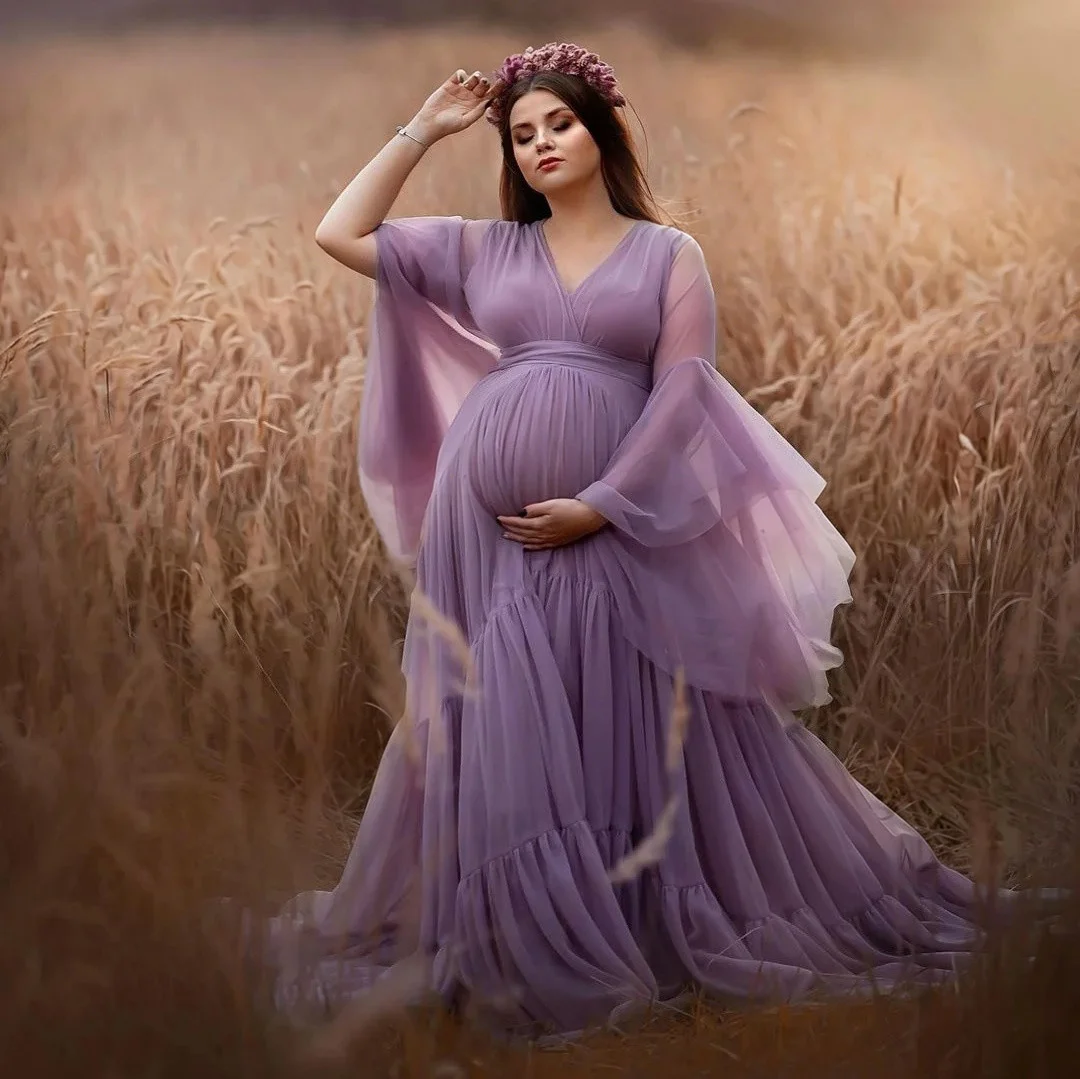 V‑Neck Flare Bell Sleeve Chiffon Maternity Gown