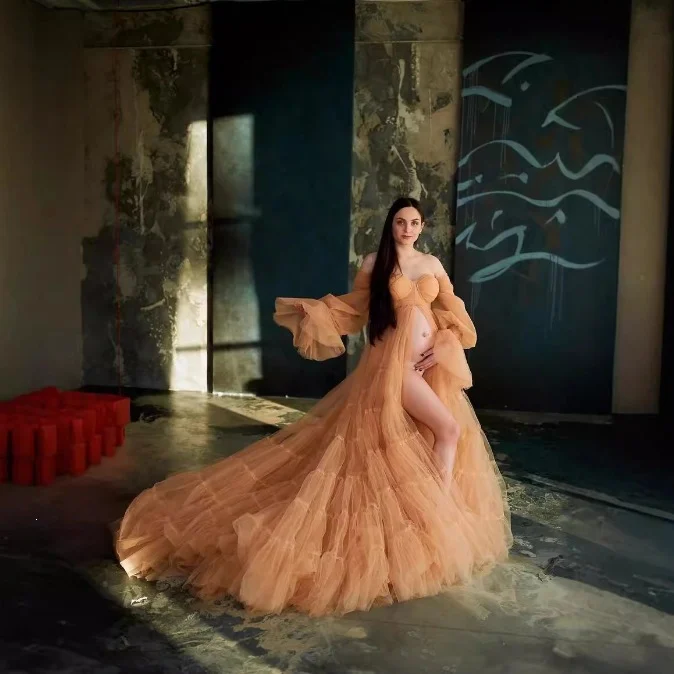 Off‑Shoulder Puff Long Sleeve Tulle Maternity Gown - Image 3