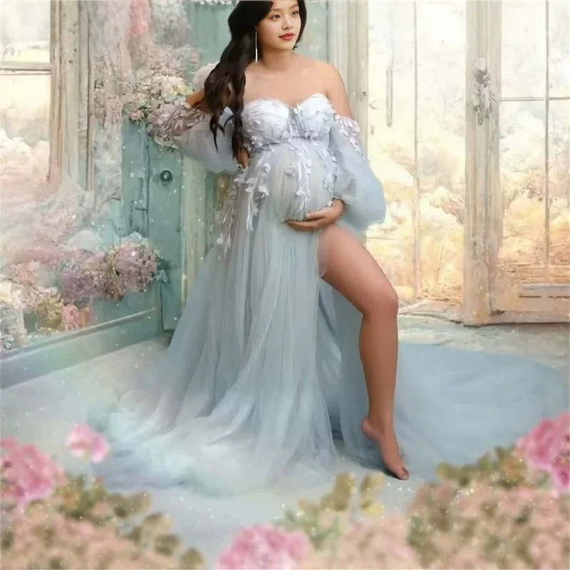 Off‑Shoulder 3D Floral Tulle Maternity Gown - Image 4
