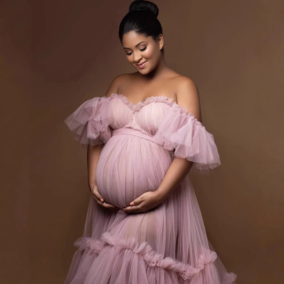 Flowy Sheer Tulle Maternity Gown For Photo Shoot - Image 4