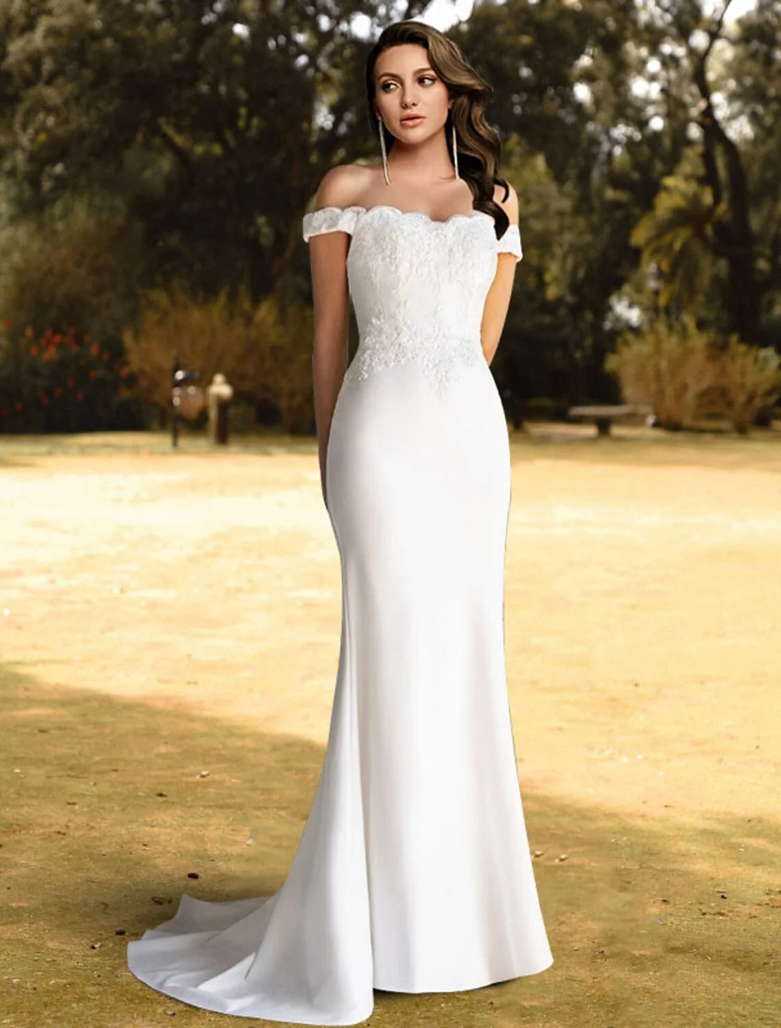 Romantic Lace Applique Mermaid Off Shoulder Cap Sleeve Beach Wedding Gown