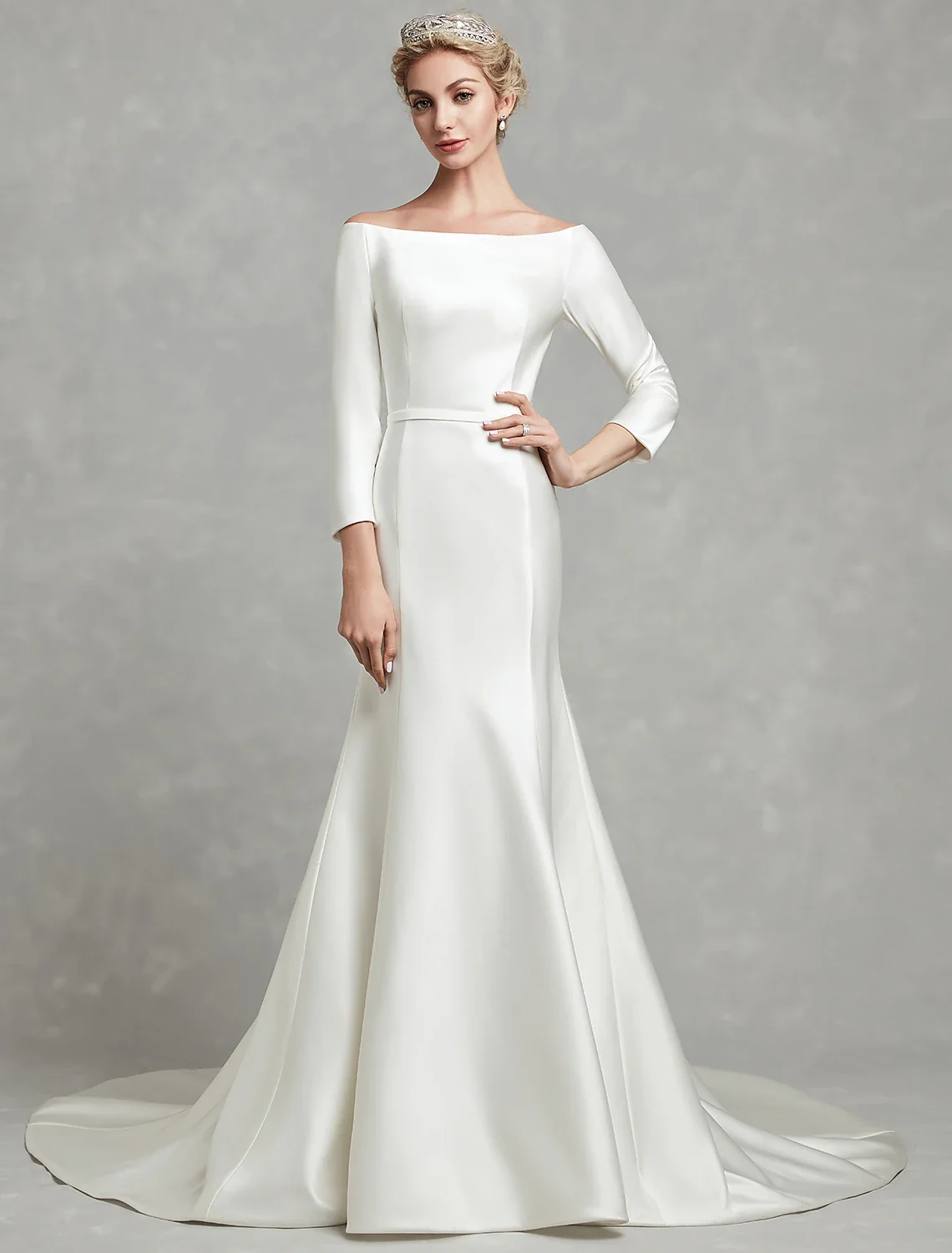 Simple Wedding Dresses Mermaid / Trumpet Off Shoulder 3/4 Length Sleeve Chapel Train Satin Bridal Gowns With Pleats Summer Wedding Party - Image 3
