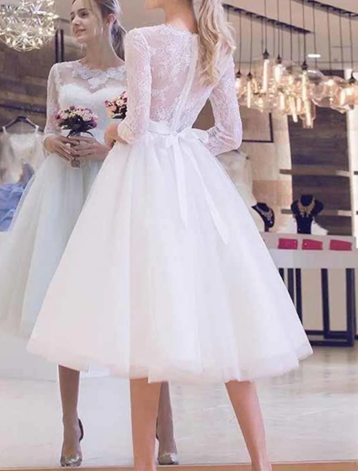Bridal Shower Vintage 1940s / 1950s Simple Wedding Dresses Wedding Dresses A-Line Scoop Neck Half Sleeve Knee Length Tulle Bridal Gowns With Embroidery - Image 4