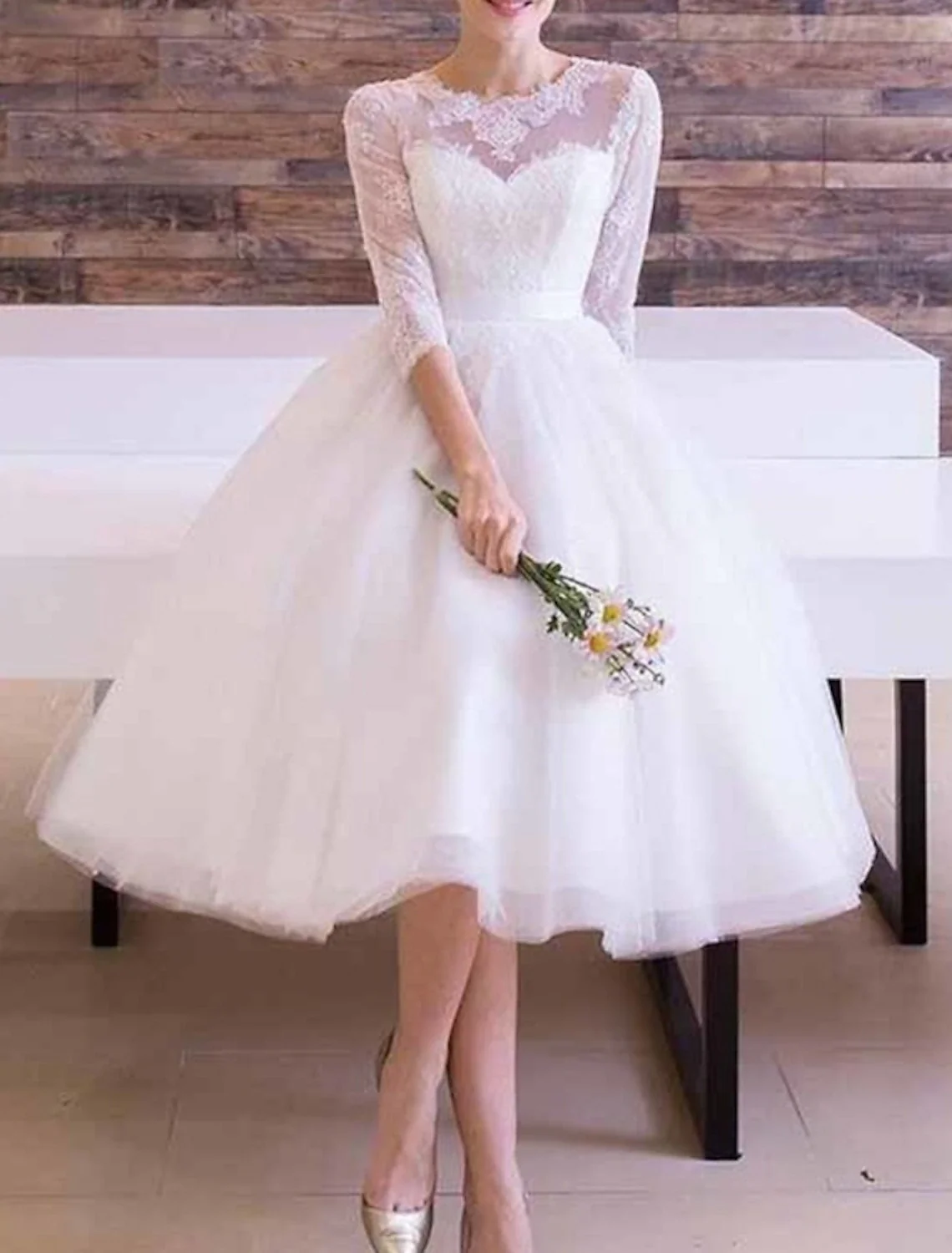 Bridal Shower Vintage 1940s / 1950s Simple Wedding Dresses Wedding Dresses A-Line Scoop Neck Half Sleeve Knee Length Tulle Bridal Gowns With Embroidery - Image 3